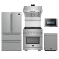 Forno 5-Piece Pro Appliance Package - 30-Inch Gas Range, Refrigerator, Wall Mount Hood with Backsplash, 24-Inch Microwave Drawer, & 3-Rack Dishwasher in Stainless Steel