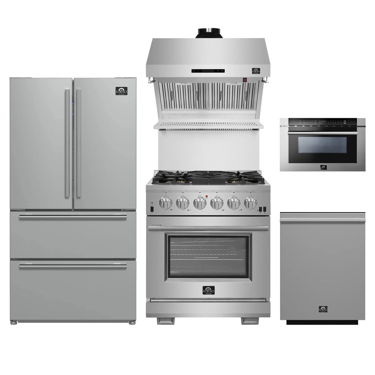 Forno 5-Piece Pro Appliance Package - 30-Inch Gas Range, Refrigerator, Wall Mount Hood with Backsplash, 24-Inch Microwave Drawer, & 3-Rack Dishwasher in Stainless Steel
