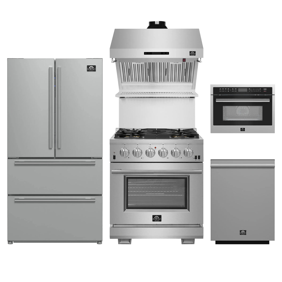 Forno 5-Piece Pro Appliance Package - 30-Inch Gas Range, 36-Inch Refrigerator, Wall Mount Hood with Backsplash, 24-Inch Microwave Oven, & 3-Rack Dishwasher in Stainless Steel
