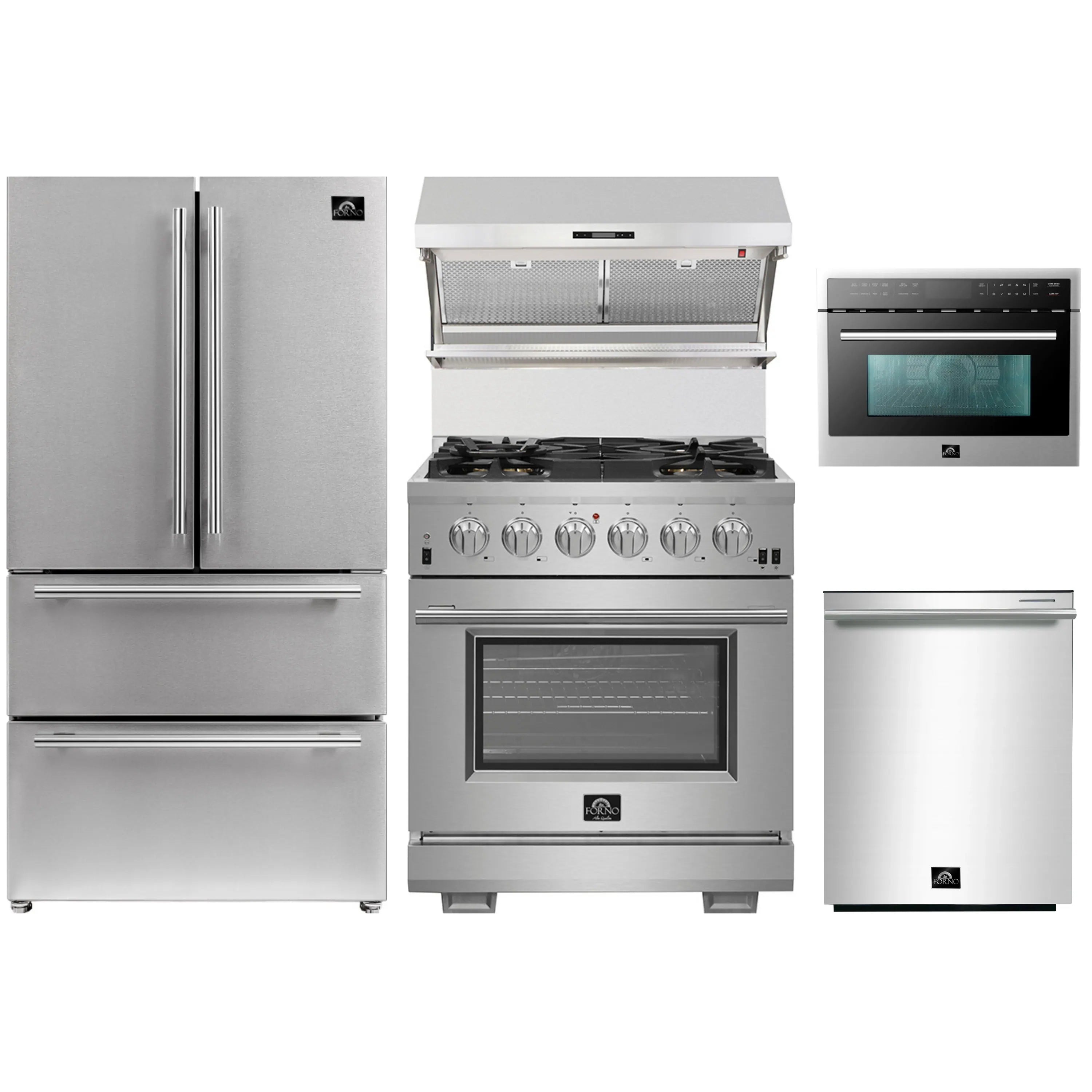 Stainless steel kitchen appliance set with gas range, microwave, hood, refrigerator, dishwasher