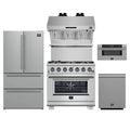 Forno 5-Piece Pro Appliance Package - 36-Inch Capriasca Gas Range, Refrigerator, Wall Mount Hood with Backsplash, 30-Inch Microwave Drawer, & 3-Rack Dishwasher in Stainless Steel