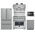 Forno 5-Piece Pro Appliance Package - 36-Inch Capriasca Gas Range, Refrigerator, Wall Mount Hood with Backsplash, 24-Inch Microwave Drawer, & 3-Rack Dishwasher in Stainless Steel