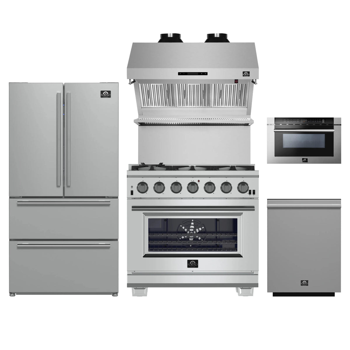 Forno 5-Piece Pro Appliance Package - 36-Inch Gas Range, Refrigerator, Wall Mount Hood with Backsplash, 24-Inch Microwave Drawer, & 3-Rack Dishwasher in Stainless Steel