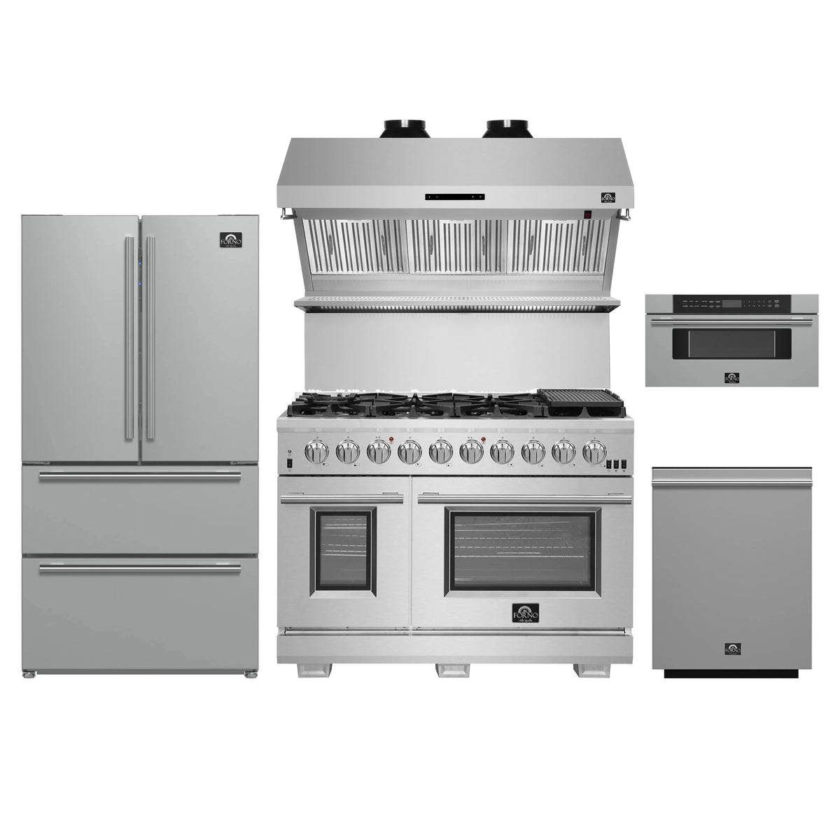 Forno 5-Piece Pro Appliance Package - 48-Inch Gas Range, Refrigerator, Wall Mount Hood with Backsplash, 30-Inch Microwave Drawer, & 3-Rack Dishwasher in Stainless Steel