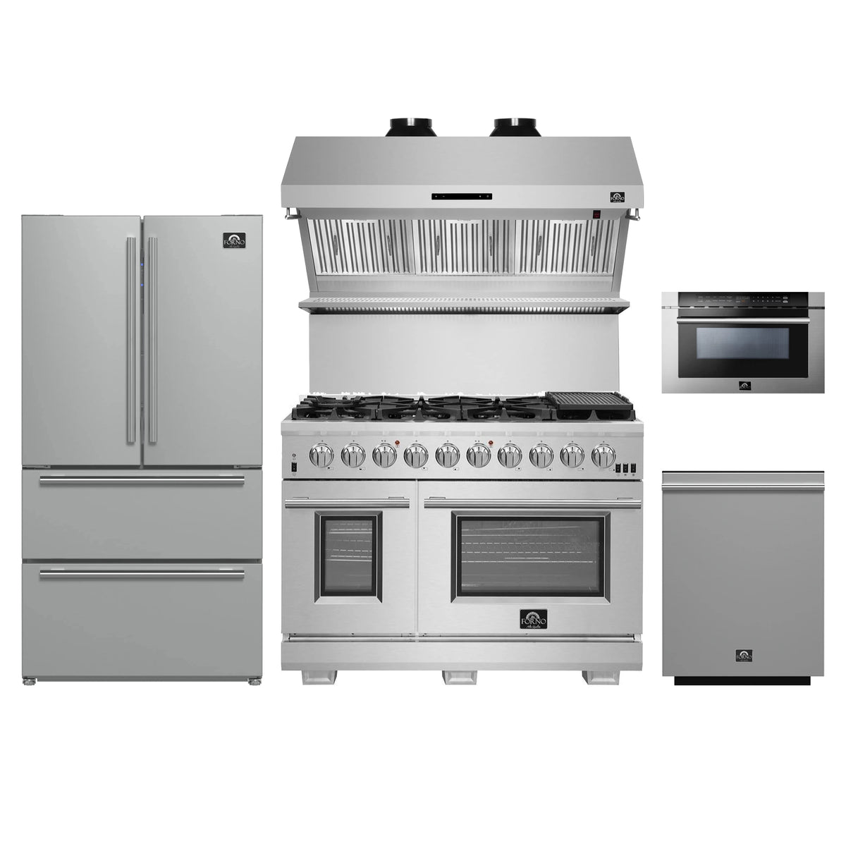 Forno 5-Piece Pro Appliance Package - 48-Inch Gas Range, Refrigerator, Wall Mount Hood with Backsplash, 24-Inch Microwave Drawer, & 3-Rack Dishwasher in Stainless Steel