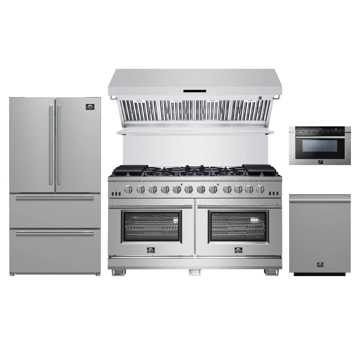 Forno 5-Piece Pro Appliance Package - 60-Inch Gas Range, Refrigerator, Wall Mount Hood with Backsplash, 24-Inch Microwave Drawer, & 3-Rack Dishwasher in Stainless Steel