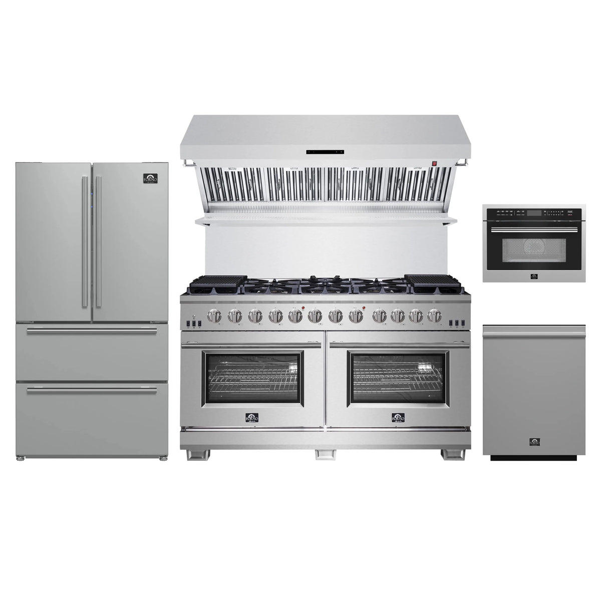 Forno 5-Piece Pro Appliance Package - 60-Inch Gas Range, Refrigerator, Wall Mount Hood with Backsplash, 24-Inch Microwave Oven, & 3-Rack Dishwasher in Stainless Steel