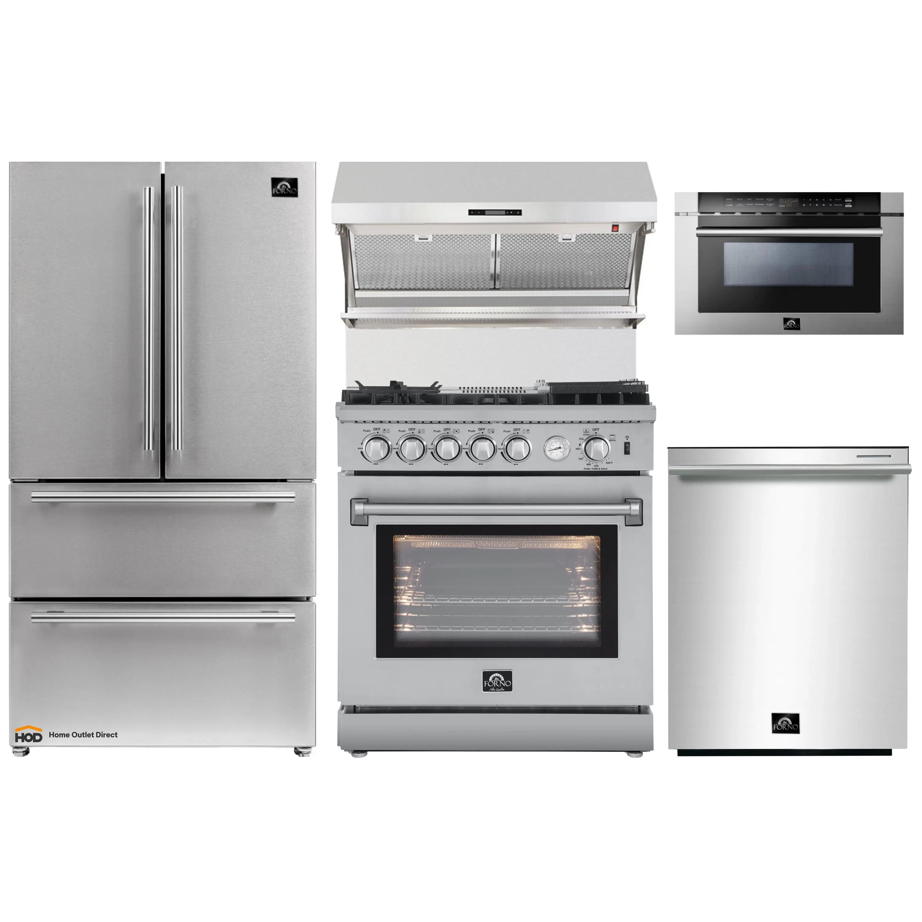 Stainless steel appliance package with refrigerator, gas range, microwave drawer, and dishwasher