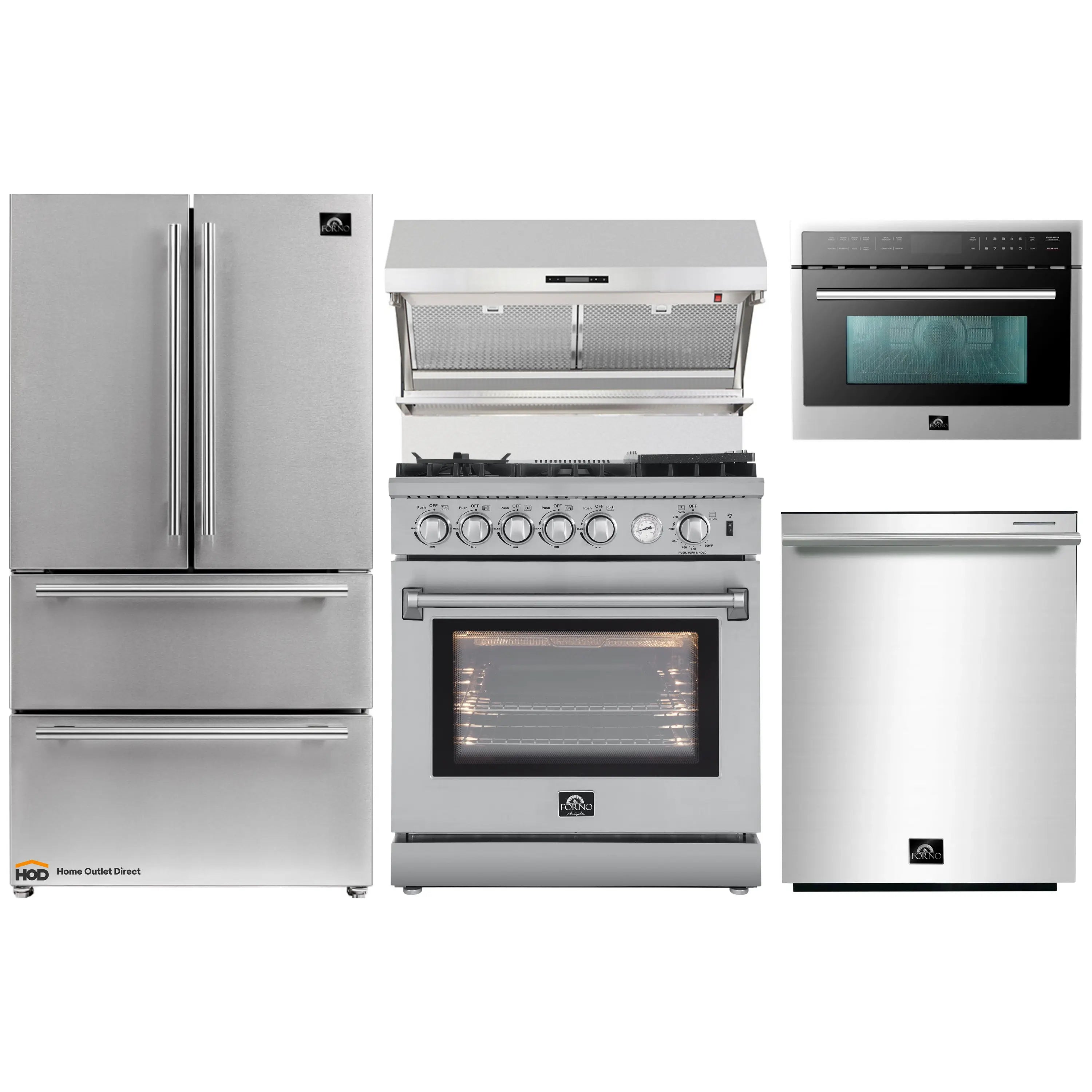 Stainless steel appliance set with refrigerator, gas range, microwave and dishwasher