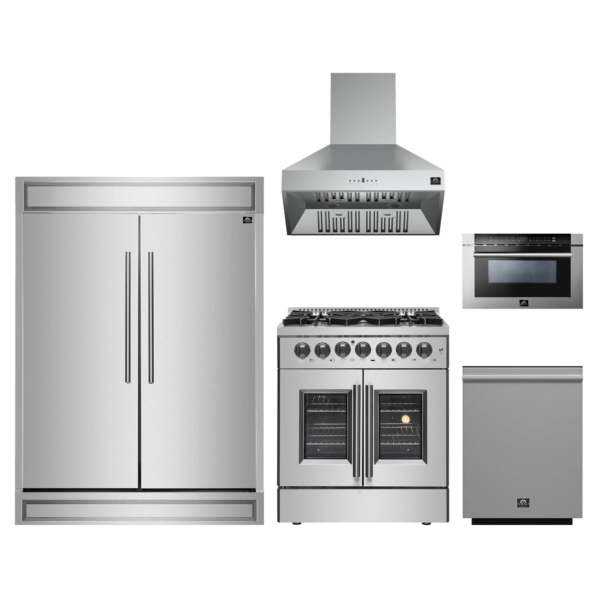 Forno 5-Piece Appliance Package - 30-Inch Galiano French Door Dual Fuel Range, Wall Mount Range Hood, 60-Inch Refrigerator, Dishwasher, and 24-Inch Microwave Drawer in Stainless Steel