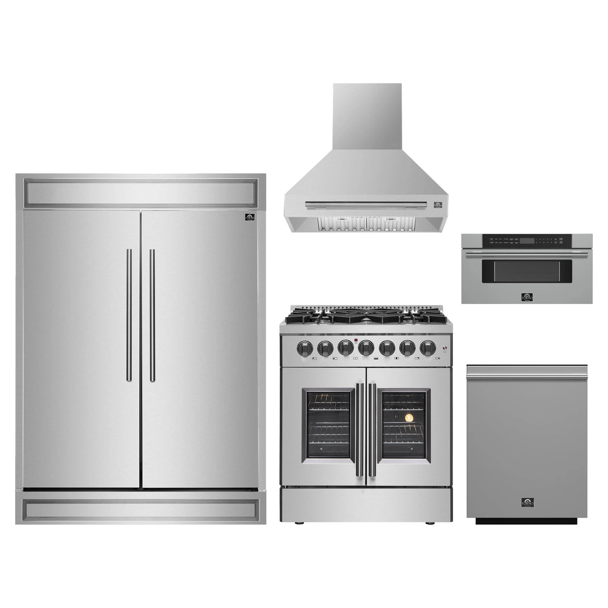 Forno 5-Piece Appliance Package - 30-Inch Galiano French Door Dual Fuel Range, Wall Mount Range Hood, 60-Inch Refrigerator, Dishwasher, and 30-Inch Microwave Drawer in Stainless Steel