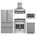 Forno 5-Piece Appliance Package - 30-Inch Galiano French Door Dual Fuel Range, Wall Mount Range Hood, 36-Inch Refrigerator, Dishwasher, and 30-Inch Microwave Drawer in Stainless Steel