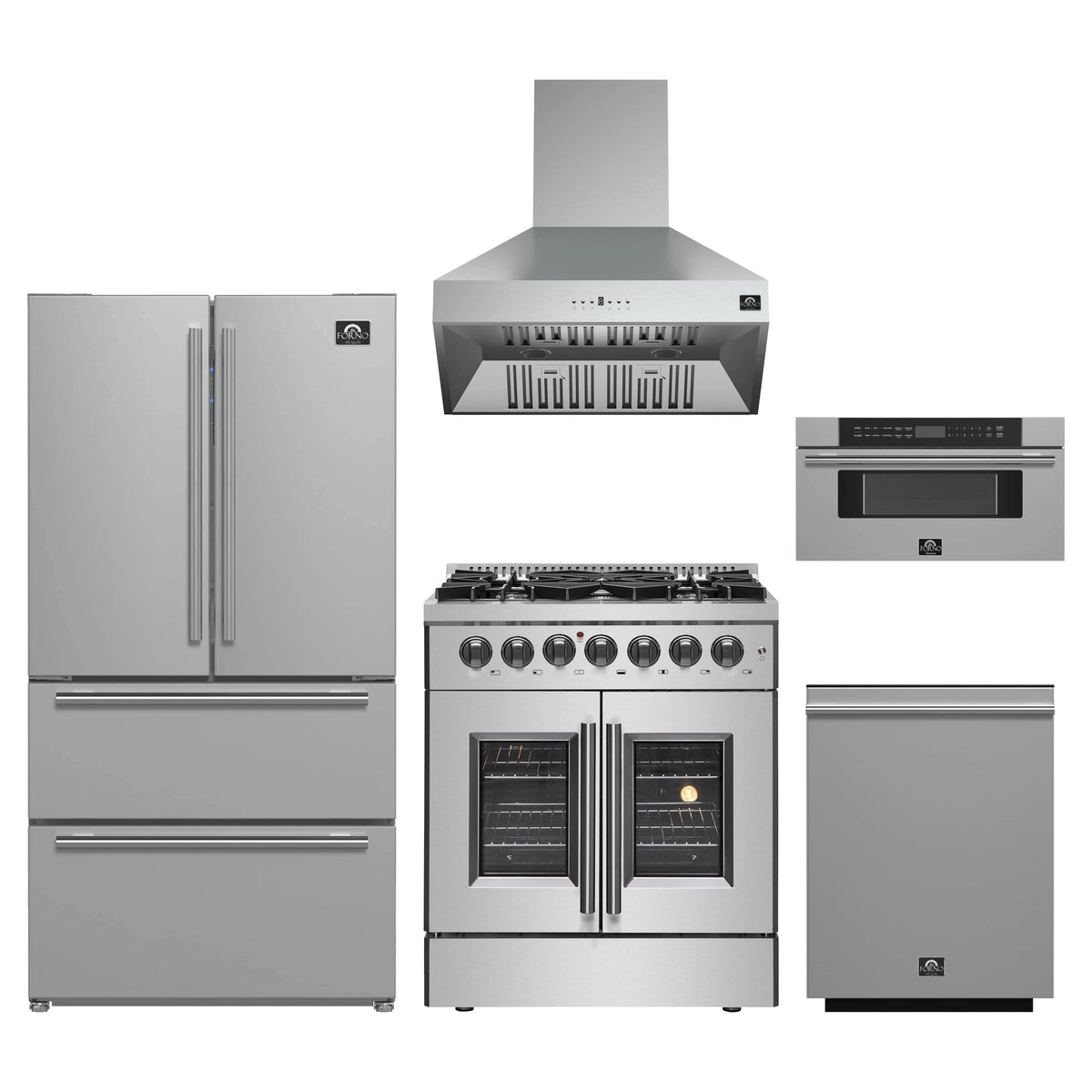 Forno 5-Piece Appliance Package - 30-Inch Galiano French Door Dual Fuel Range, Wall Mount Range Hood, 36-Inch Refrigerator, Dishwasher, and 30-Inch Microwave Drawer in Stainless Steel