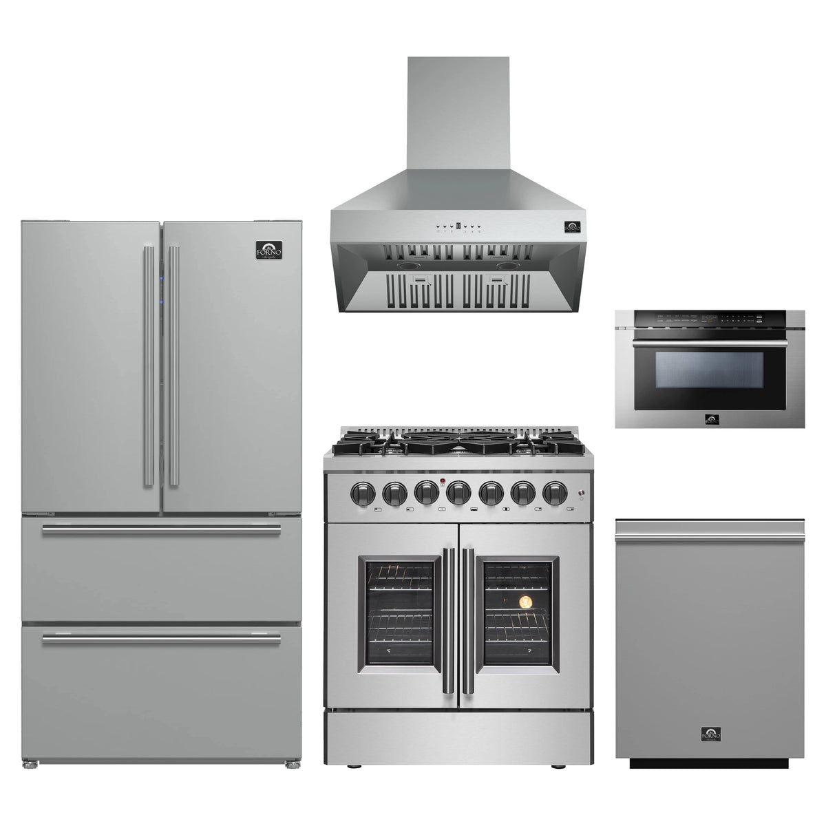 Forno 5-Piece Appliance Package - 30-Inch Galiano French Door Dual Fuel Range, Wall Mount Range Hood, 36-Inch Refrigerator, Dishwasher, and 24-Inch Microwave Drawer in Stainless Steel
