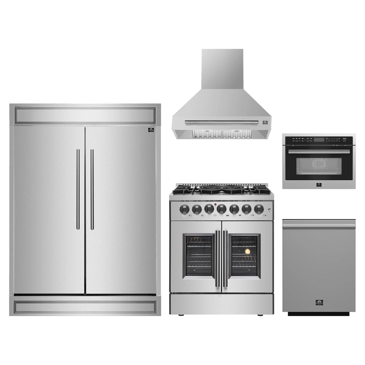 Forno 5-Piece Appliance Package - 30-Inch Galiano French Door Dual Fuel Range, Wall Mount Range Hood, 60-Inch Refrigerator, Dishwasher, and 24-Inch Microwave Oven in Stainless Steel