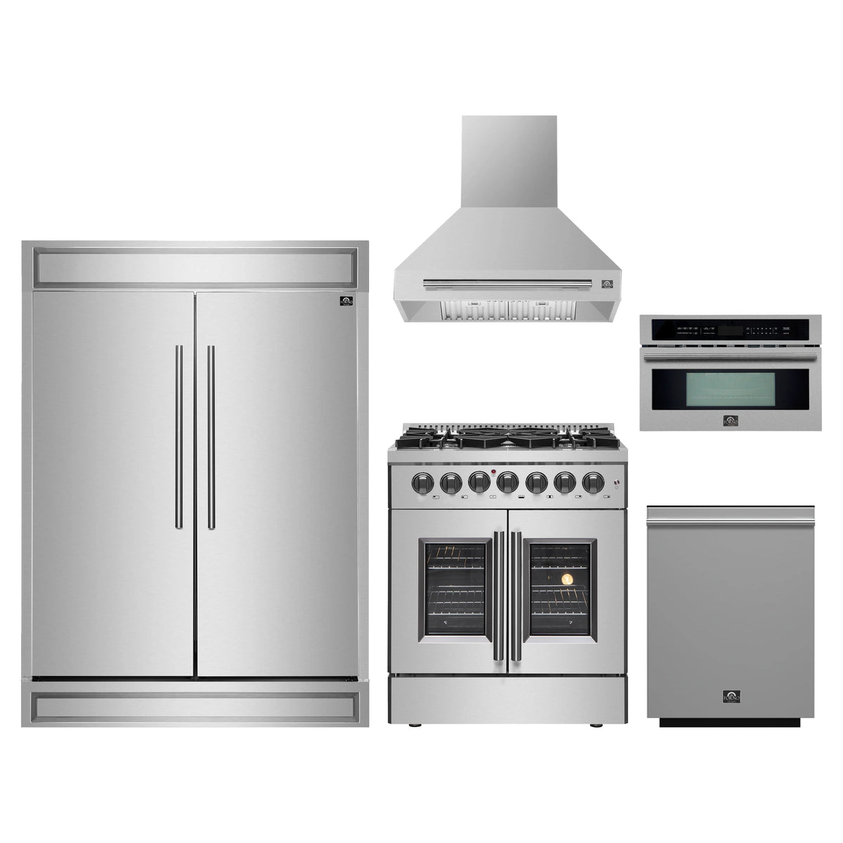 Forno 5-Piece Appliance Package - 30-Inch Galiano French Door Dual Fuel Range, Wall Mount Range Hood, 60-Inch Refrigerator, Dishwasher, and 30-Inch Microwave Oven in Stainless Steel