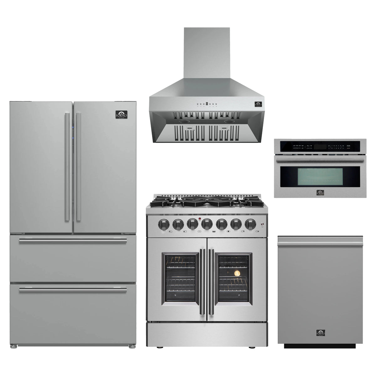 Forno 5-Piece Appliance Package - 30-Inch Galiano French Door Dual Fuel Range, Wall Mount Range Hood, 36-Inch Refrigerator, Dishwasher, and 30-Inch Microwave Oven in Stainless Steel
