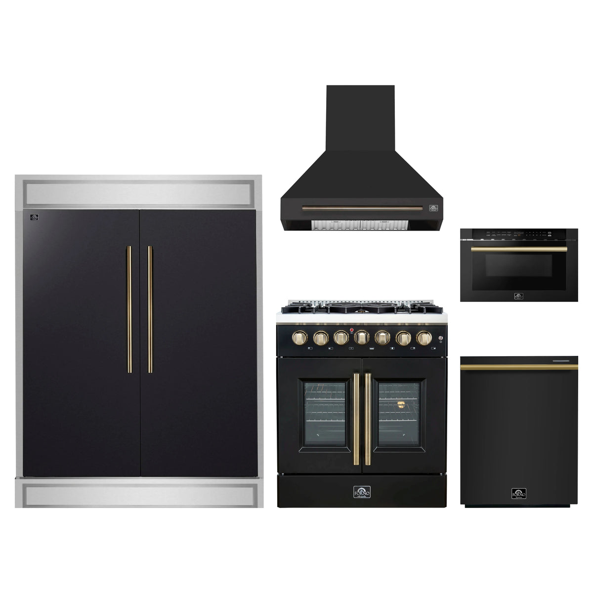 Forno 5-Piece Appliance Package - 30-Inch Galiano French Door Dual Fuel Range, Wall Mount Range Hood, 60-Inch Refrigerator, Dishwasher, and 24-Inch Microwave Drawer in Black with Antique Brass Trim
