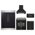 Forno 5-Piece Appliance Package - 30-Inch Galiano French Door Dual Fuel Range, Wall Mount Range Hood, 60-Inch Refrigerator, Dishwasher, and 30-Inch Microwave Drawer in Black with Antique Brass Trim