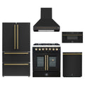 Forno 5-Piece Appliance Package - 30-Inch Galiano French Door Dual Fuel Range, Wall Mount Range Hood, 36-Inch Refrigerator, Dishwasher, and 30-Inch Microwave Drawer in Black with Antique Brass Trim