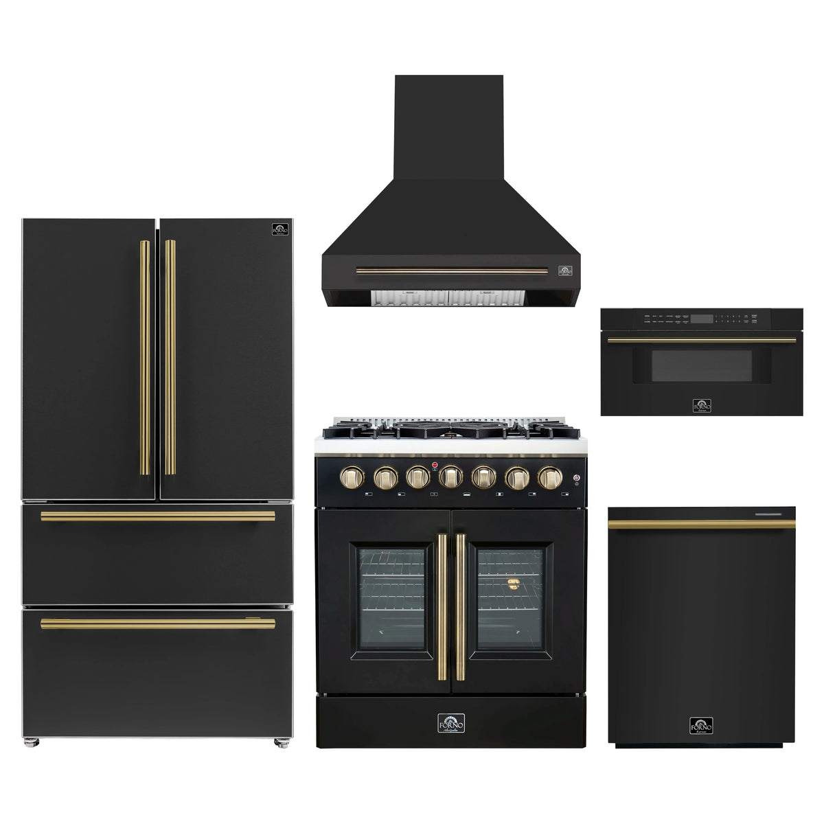 Forno 5-Piece Appliance Package - 30-Inch Galiano French Door Dual Fuel Range, Wall Mount Range Hood, 36-Inch Refrigerator, Dishwasher, and 30-Inch Microwave Drawer in Black with Antique Brass Trim