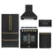 Forno 5-Piece Appliance Package - 30-Inch Galiano French Door Dual Fuel Range, Wall Mount Range Hood, 36-Inch Refrigerator, Dishwasher, and 30-Inch Microwave Drawer in Black with Antique Brass Trim
