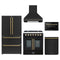 Forno 5-Piece Appliance Package - 30-Inch Galiano French Door Dual Fuel Range, Wall Mount Range Hood, 36-Inch Refrigerator, Dishwasher, and 24-Inch Microwave Drawer in Black with Antique Brass Trim
