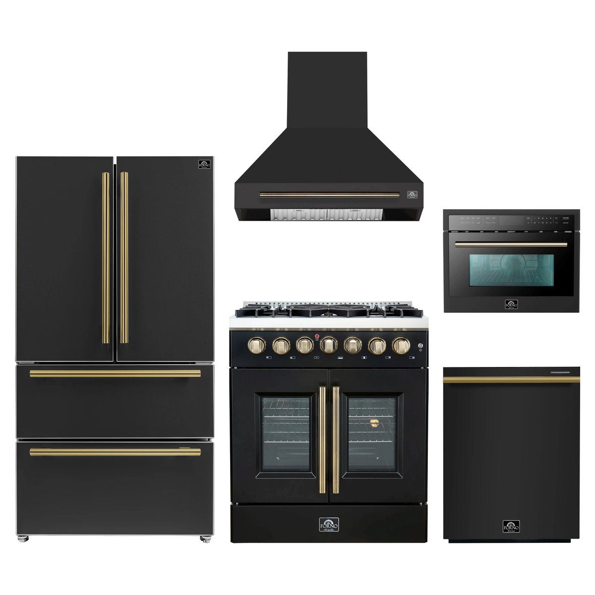Forno 5-Piece Appliance Package - 30-Inch Galiano French Door Dual Fuel Range, Wall Mount Range Hood, 36-Inch Refrigerator, Dishwasher, and 24-Inch Microwave Oven in Black with Antique Brass Trim