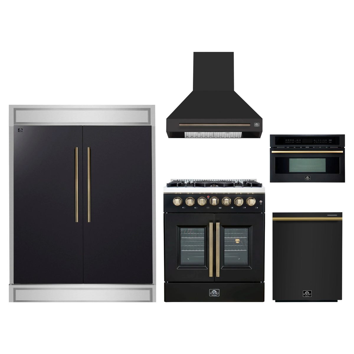 Forno 5-Piece Appliance Package - 30-Inch Galiano French Door Dual Fuel Range, Wall Mount Range Hood, 60-Inch Refrigerator, Dishwasher, and 30-Inch Microwave Oven in Black with Antique Brass Trim