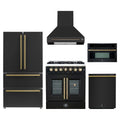 Forno 5-Piece Appliance Package - 30-Inch Galiano French Door Dual Fuel Range, Wall Mount Range Hood, 36-Inch Refrigerator, Dishwasher, and 30-Inch Microwave Oven in Black with Antique Brass Trim