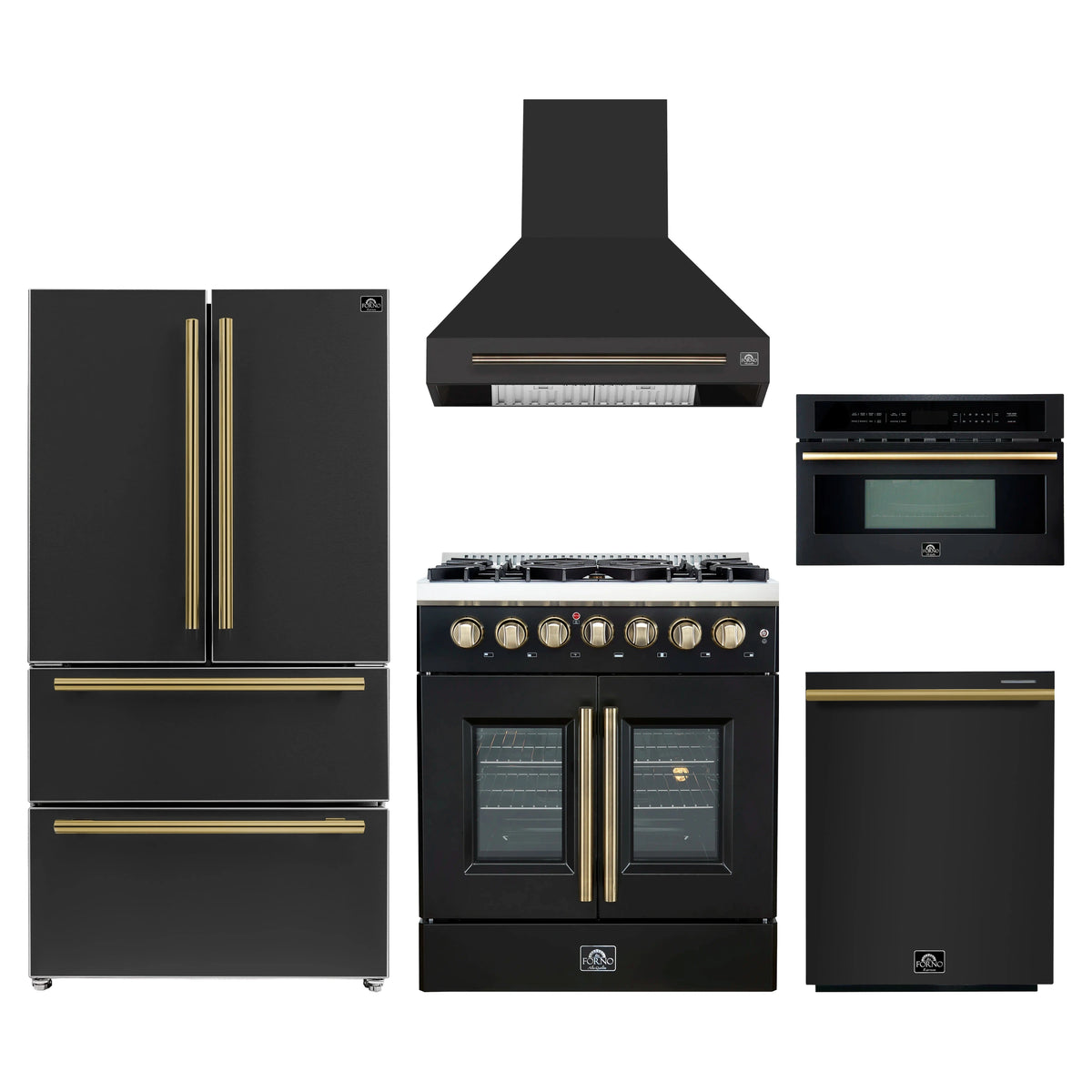 Forno 5-Piece Appliance Package - 30-Inch Galiano French Door Dual Fuel Range, Wall Mount Range Hood, 36-Inch Refrigerator, Dishwasher, and 30-Inch Microwave Oven in Black with Antique Brass Trim
