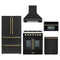 Forno 5-Piece Appliance Package - 30-Inch Galiano French Door Dual Fuel Range, Wall Mount Range Hood, 36-Inch Refrigerator, Dishwasher, and 30-Inch Microwave Oven in Black with Antique Brass Trim
