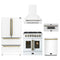 Forno 5-Piece Appliance Package - 30-Inch Galiano French Door Dual Fuel Range, Wall Mount Range Hood, 36-Inch Refrigerator, Dishwasher, and 30-Inch Microwave Drawer in White with Antique Brass Trim