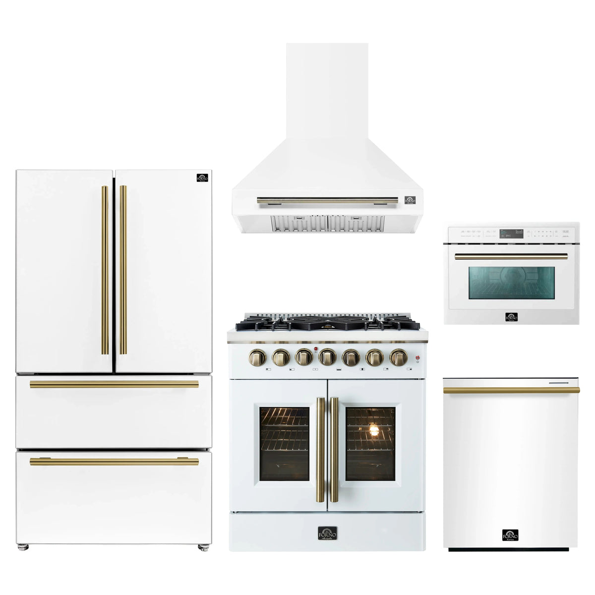 Forno 5-Piece Appliance Package - 30-Inch Galiano French Door Dual Fuel Range, Wall Mount Range Hood, 36-Inch Refrigerator, Dishwasher, and 24-Inch Microwave Oven in White with Antique Brass Trim