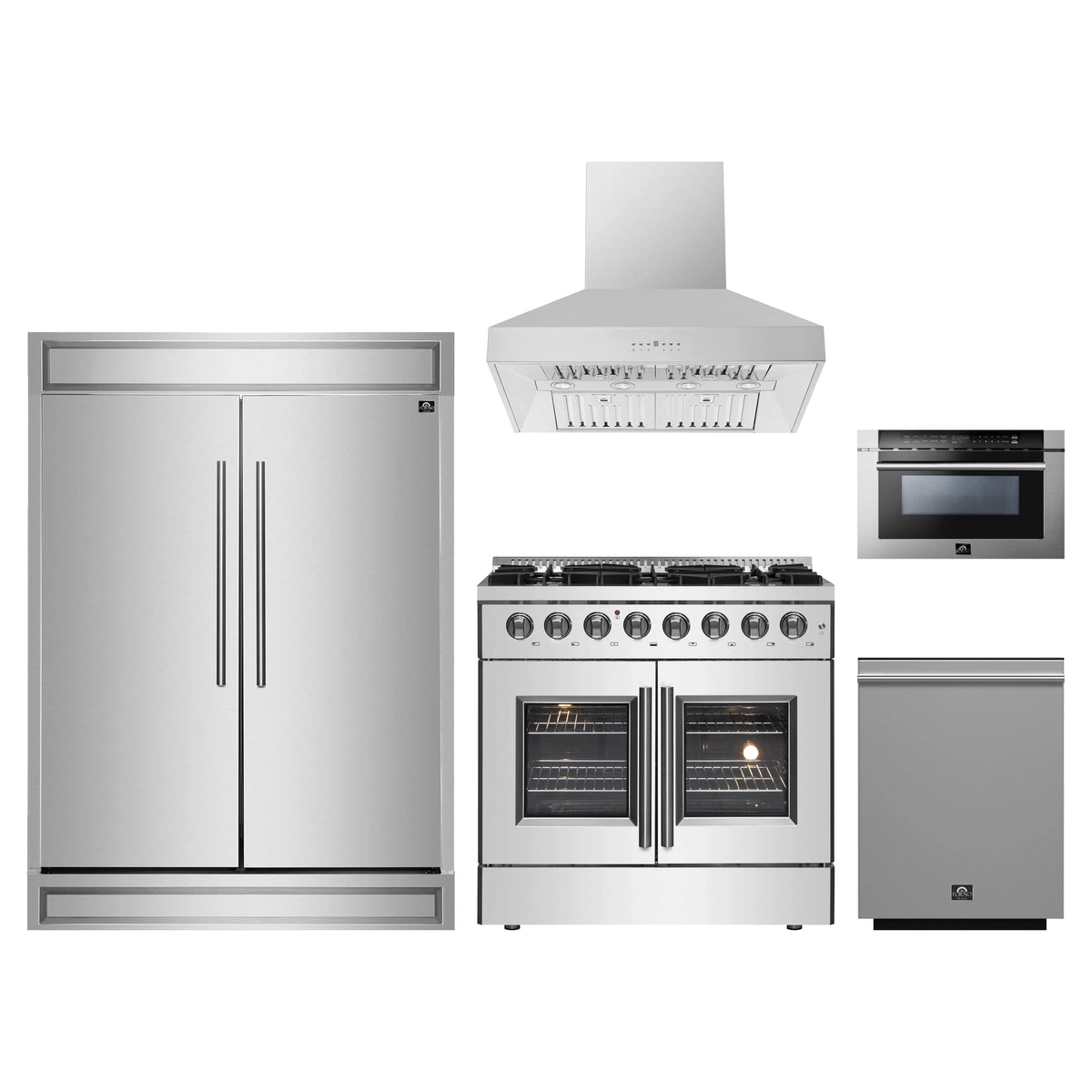 Forno 5-Piece Appliance Package - 36-Inch Galiano French Door Dual Fuel Range, Wall Mount Range Hood, 60-Inch Refrigerator, Dishwasher, and 24-Inch Microwave Drawer in Stainless Steel