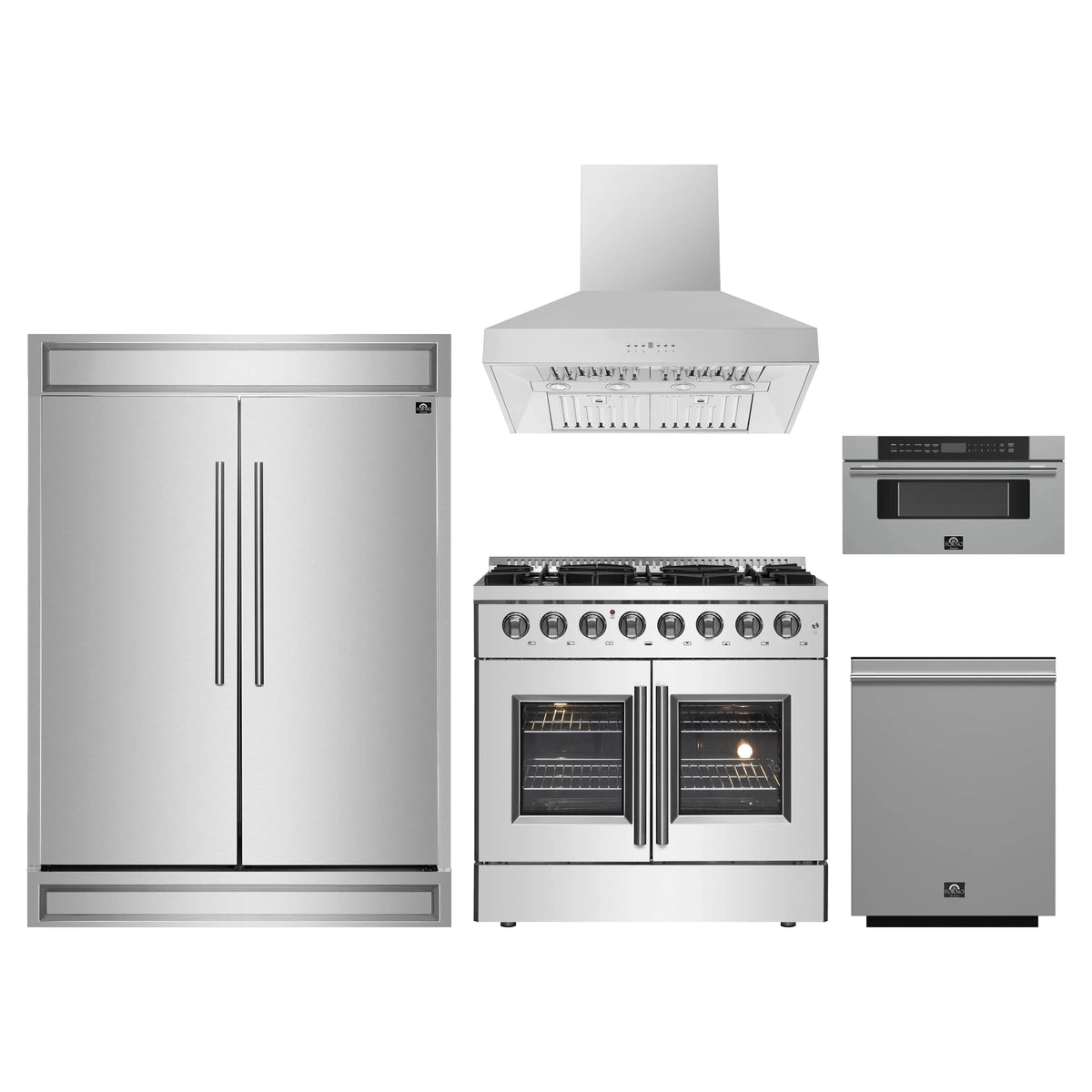 Forno 5-Piece Appliance Package - 36-Inch Galiano French Door Dual Fuel Range, Wall Mount Range Hood, 60-Inch Refrigerator, Dishwasher, and 30-Inch Microwave Drawer in Stainless Steel