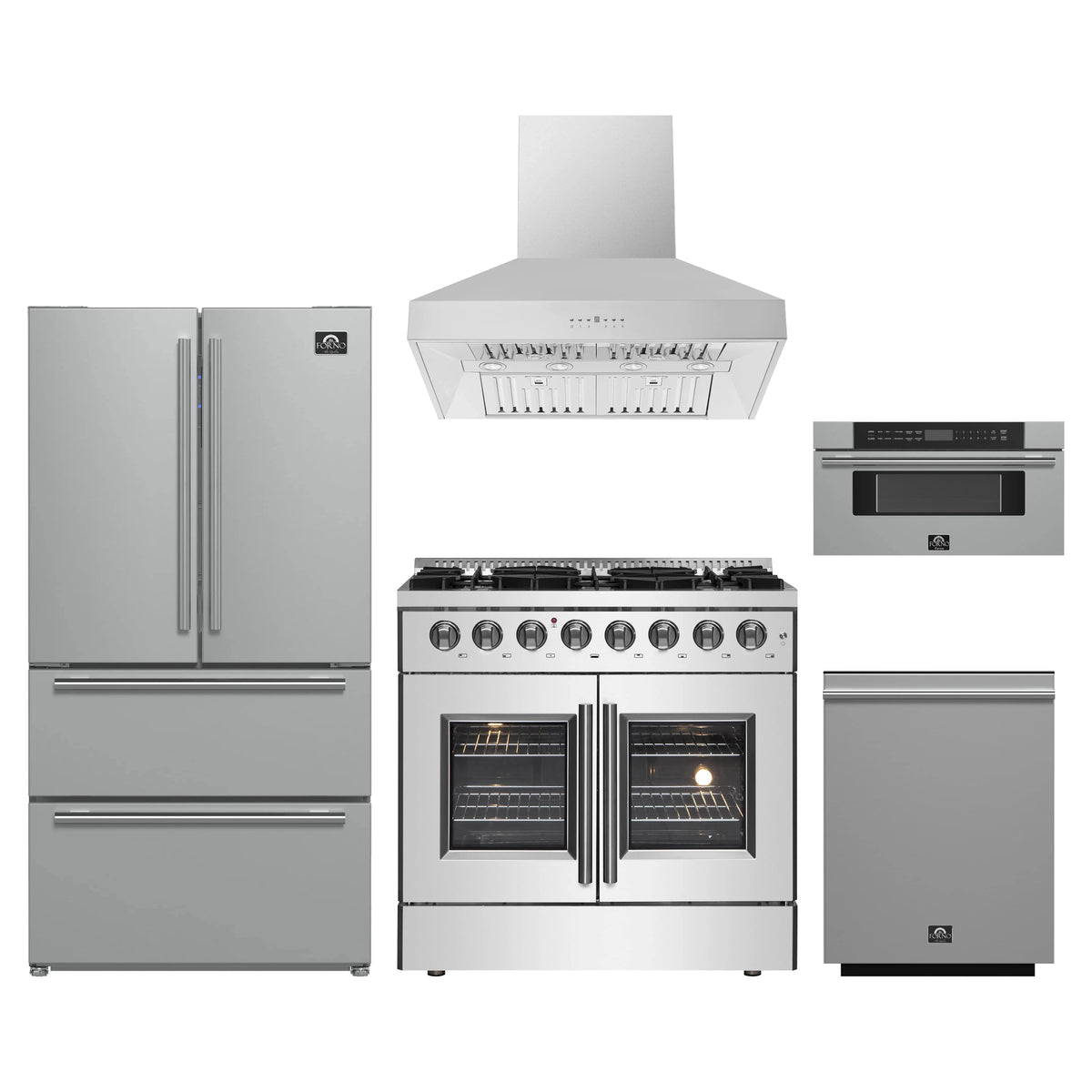 Forno 5-Piece Appliance Package - 36-Inch Galiano French Door Dual Fuel Range, Wall Mount Range Hood, 36-Inch Refrigerator, Dishwasher, and 30-Inch Microwave Drawer in Stainless Steel