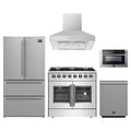 Forno 5-Piece Appliance Package - 36-Inch Galiano French Door Dual Fuel Range, Wall Mount Range Hood, 36-Inch Refrigerator, Dishwasher, and 24-Inch Microwave Drawer in Stainless Steel