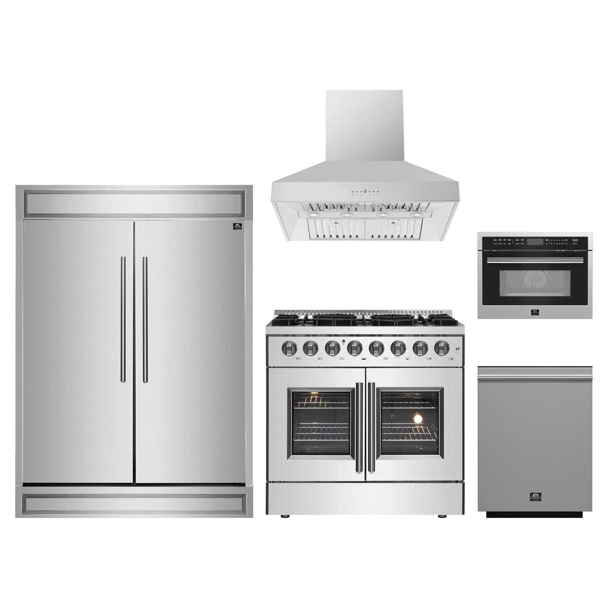 Forno 5-Piece Appliance Package - 36-Inch Galiano French Door Dual Fuel Range, Wall Mount Range Hood, 60-Inch Refrigerator, Dishwasher, and 24-Inch Microwave Oven in Stainless Steel