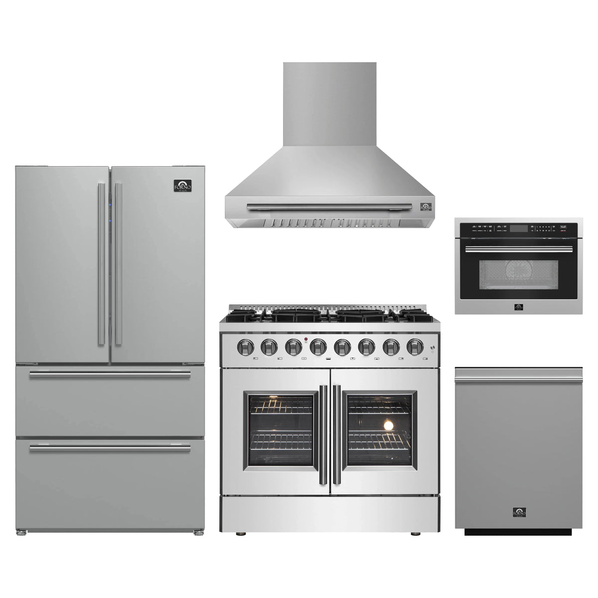 Forno 5-Piece Appliance Package - 36-Inch Galiano French Door Dual Fuel Range, Wall Mount Range Hood, 36-Inch Refrigerator, Dishwasher, and 24-Inch Microwave Oven in Stainless Steel