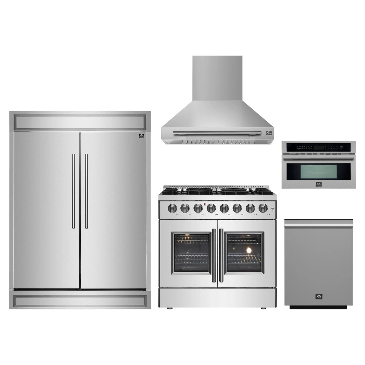 Forno 5-Piece Appliance Package - 36-Inch Galiano French Door Dual Fuel Range, Wall Mount Range Hood, 60-Inch Refrigerator, Dishwasher, and 30-Inch Microwave Oven in Stainless Steel