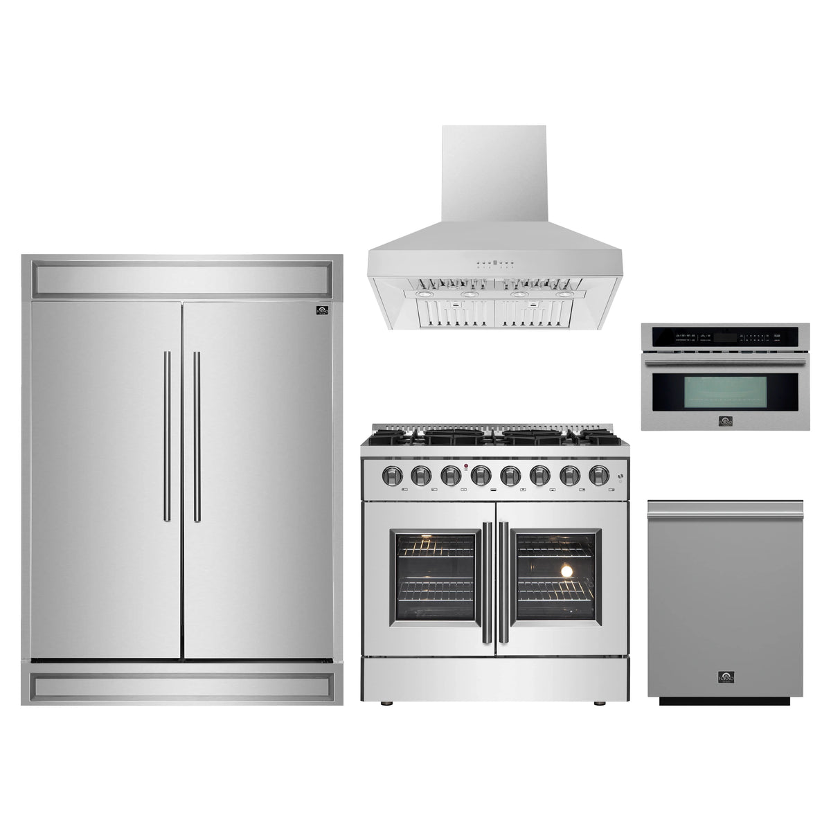 Forno 5-Piece Appliance Package - 36-Inch Galiano French Door Dual Fuel Range, Wall Mount Range Hood, 60-Inch Refrigerator, Dishwasher, and 30-Inch Microwave Oven in Stainless Steel