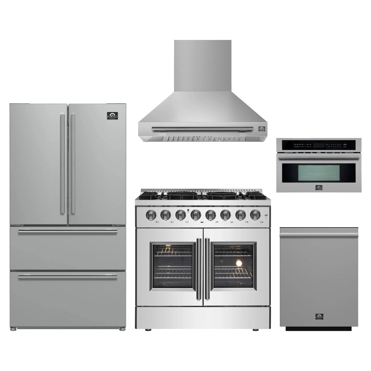 Forno 5-Piece Appliance Package - 36-Inch Galiano French Door Dual Fuel Range, Wall Mount Range Hood, 36-Inch Refrigerator, Dishwasher, and 30-Inch Microwave Oven in Stainless Steel