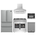 Forno 5-Piece Appliance Package - 36-Inch Galiano French Door Dual Fuel Range, Wall Mount Range Hood, 36-Inch Refrigerator, Dishwasher, and 24-Inch Microwave Oven in Stainless Steel
