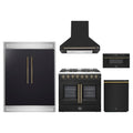 Forno 5-Piece Appliance Package - 36-Inch Galiano French Door Dual Fuel Range, Wall Mount Range Hood, 60-Inch Refrigerator, Dishwasher, and 30-Inch Microwave Drawer in Black with Antique Brass Trim