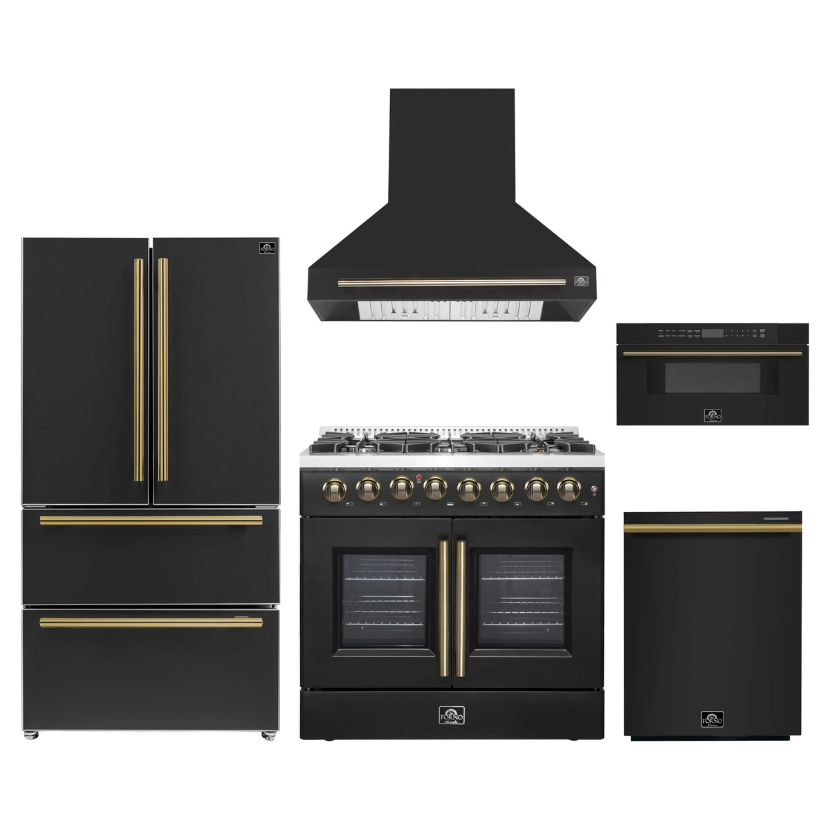 Forno 5-Piece Appliance Package - 36-Inch Galiano French Door Dual Fuel Range, Wall Mount Range Hood, 36-Inch Refrigerator, Dishwasher, and 30-Inch Microwave Drawer in Black with Antique Brass Trim
