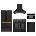 Forno 5-Piece Appliance Package - 36-Inch Galiano French Door Dual Fuel Range, Wall Mount Range Hood, 36-Inch Refrigerator, Dishwasher, and 30-Inch Microwave Oven in Black with Antique Brass Trim