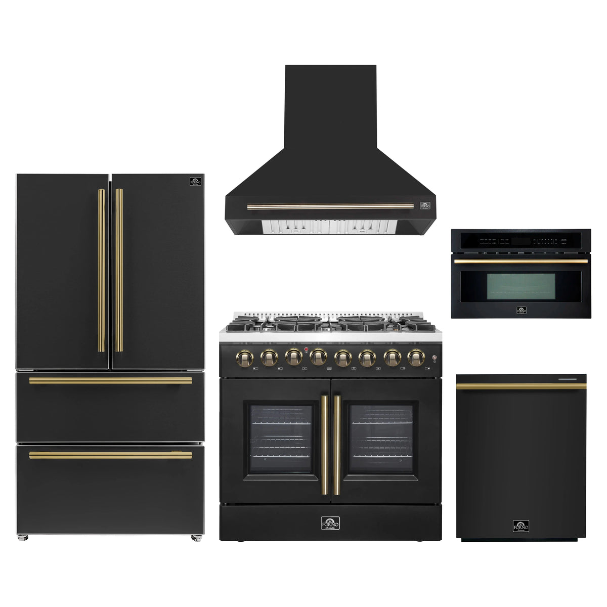 Forno 5-Piece Appliance Package - 36-Inch Galiano French Door Dual Fuel Range, Wall Mount Range Hood, 36-Inch Refrigerator, Dishwasher, and 30-Inch Microwave Oven in Black with Antique Brass Trim