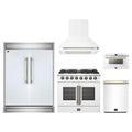 Forno 5-Piece Appliance Package - 36-Inch Galiano French Door Dual Fuel Range, Wall Mount Range Hood, 60-Inch Refrigerator, Dishwasher, and 24-Inch Microwave Drawer in White with Antique Brass Trim