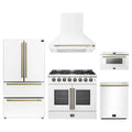 Forno 5-Piece Appliance Package - 36-Inch Galiano French Door Dual Fuel Range, Wall Mount Range Hood, 36-Inch Refrigerator, Dishwasher, and 24-Inch Microwave Drawer in White with Antique Brass Trim
